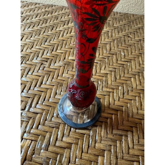 Vintage Floral Silver Over Lay Glass Bud Vase Red & Black - Picture 7 of 8